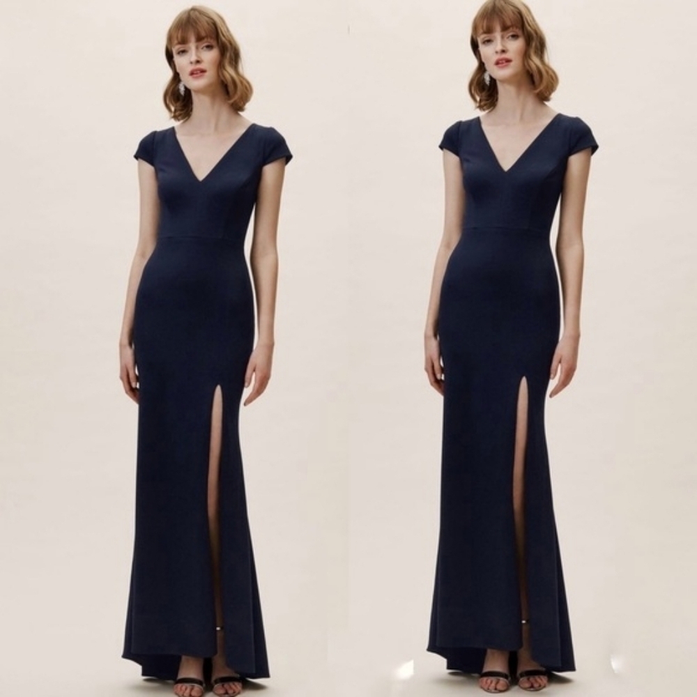 Anthropologie BHLDN Ara Long Formal Cap Sleeve Leg Slit Navy Blue Dress Size 14
